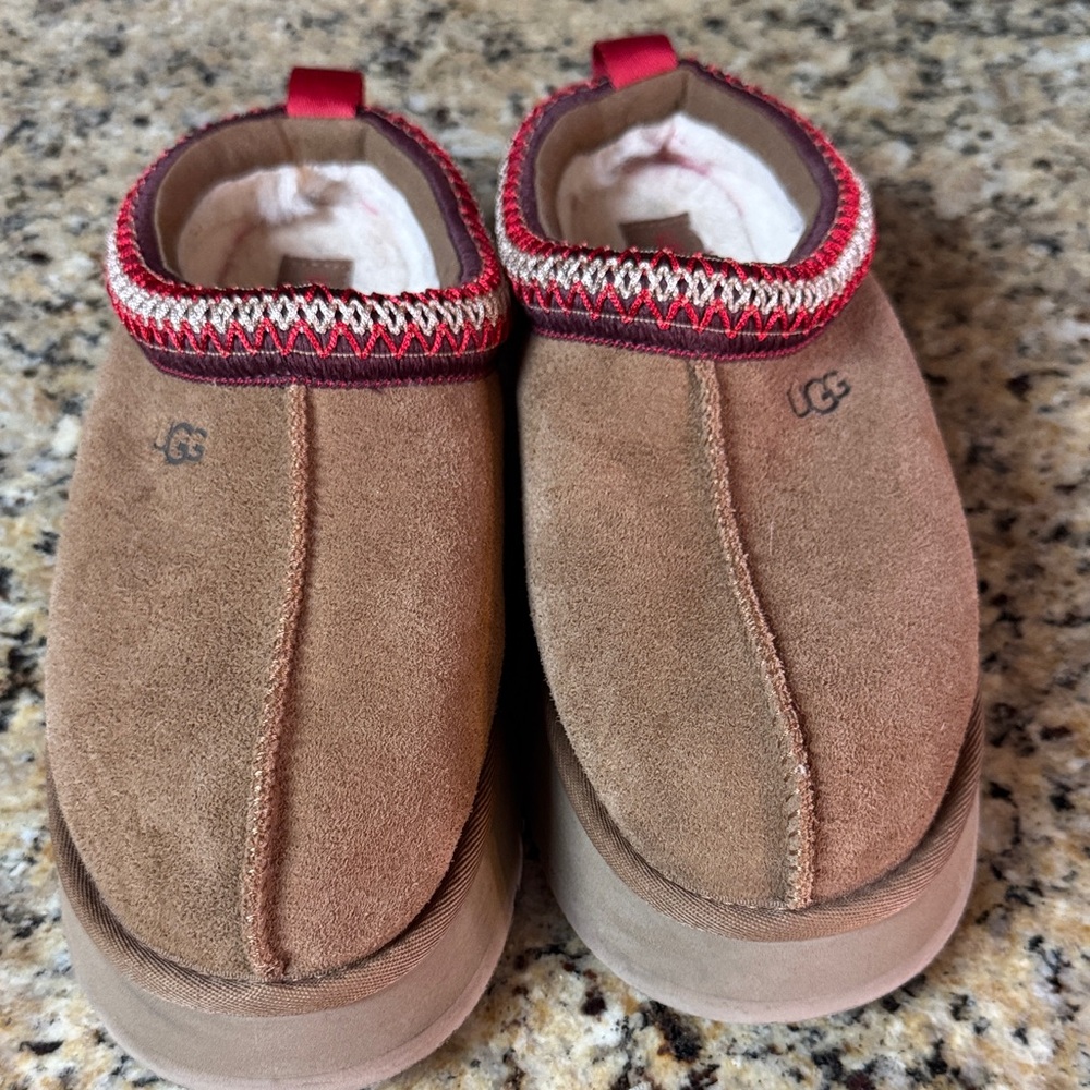 UGG Brown Suede Slip-Ons with Red Trim